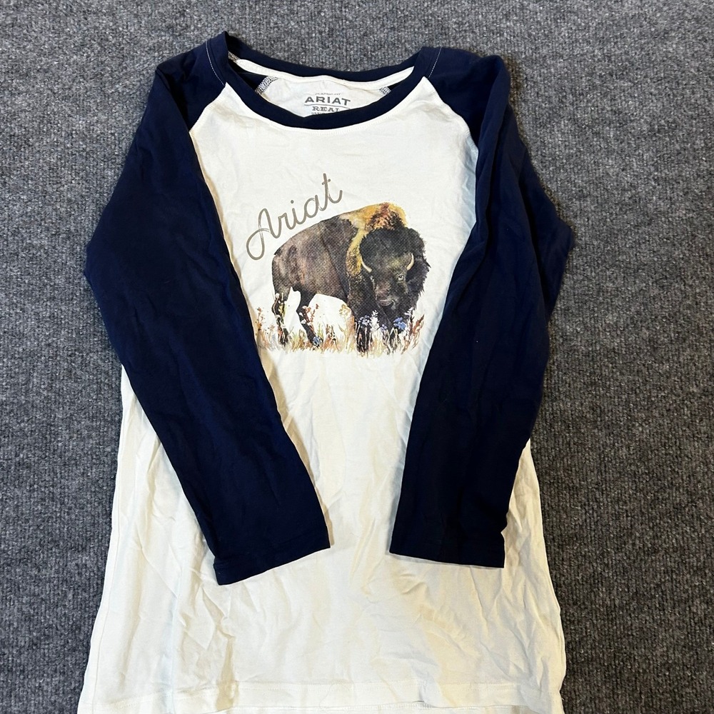 Ariat Baseball Tee Womens Size S White Navy Blue Bison Graphic Raglan Sleeve